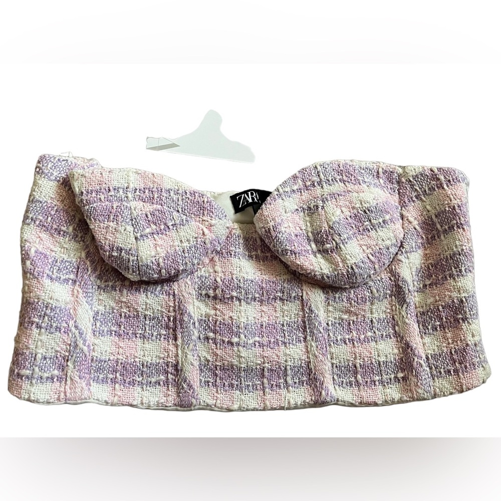 Zara Womens Small Pink Purple White Plaid Tween Corset Crop Top New With Tags!